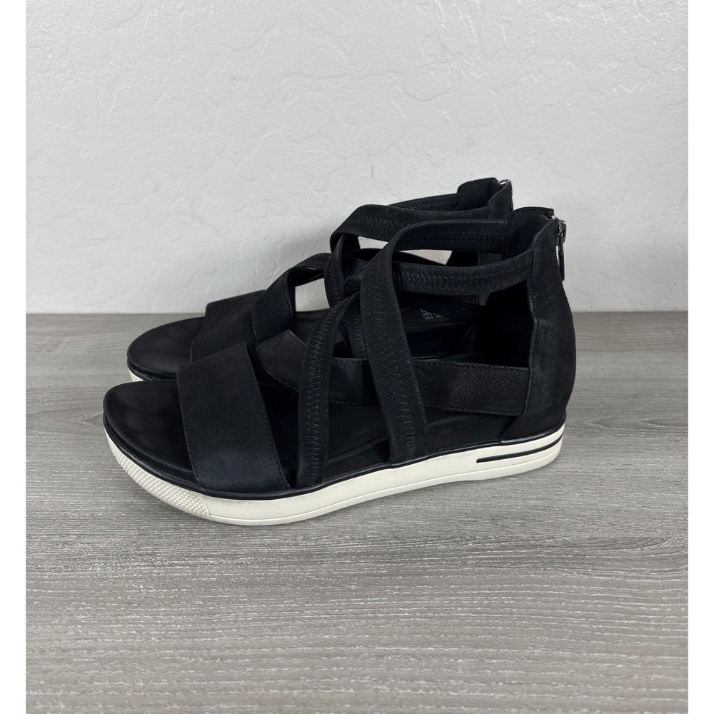 Eileen Fisher Skill Tumbled Sneaker Sandals Black Nubuck Elastic Strappy Zip 7.5